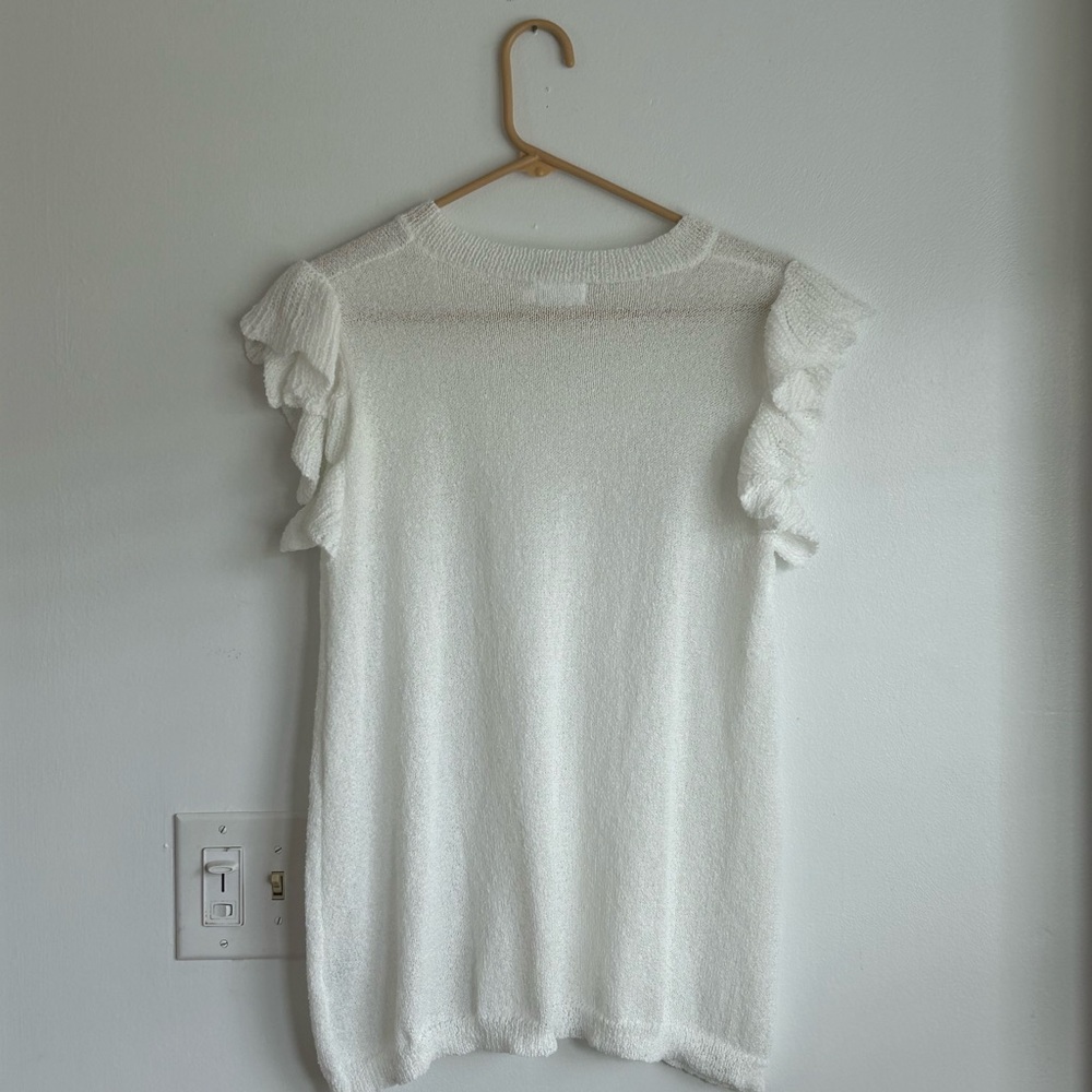 White Ruffle Sleeveless Sweater Cottagecore Fairycore Medium Boho Preppy Casual - Picture 3 of 6